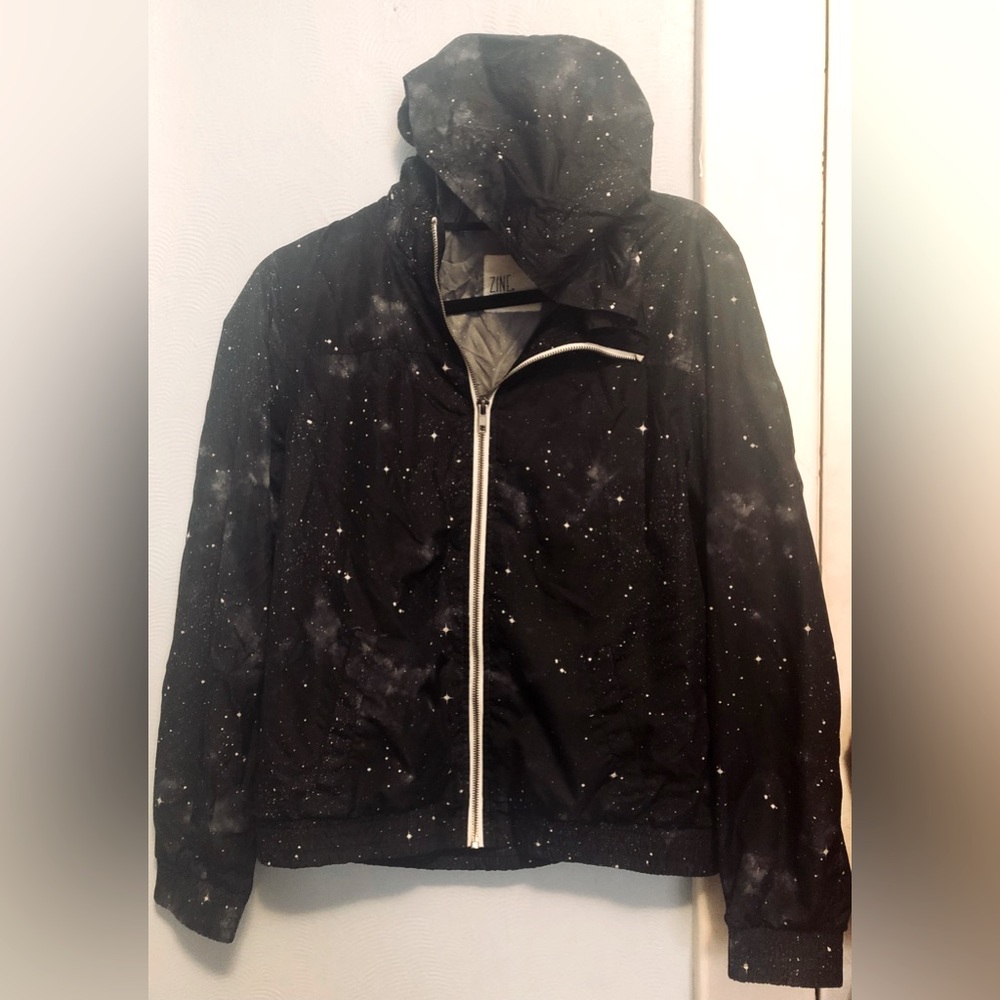 Black constellation zip up jacket.  Size L.